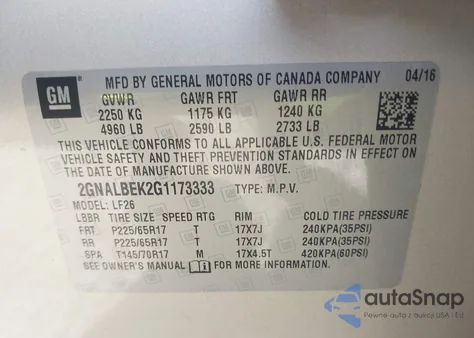 2016 Chevrolet Equinox Ls z USA, uszkodzony, nr VIN 2GNALBEK2G1173333